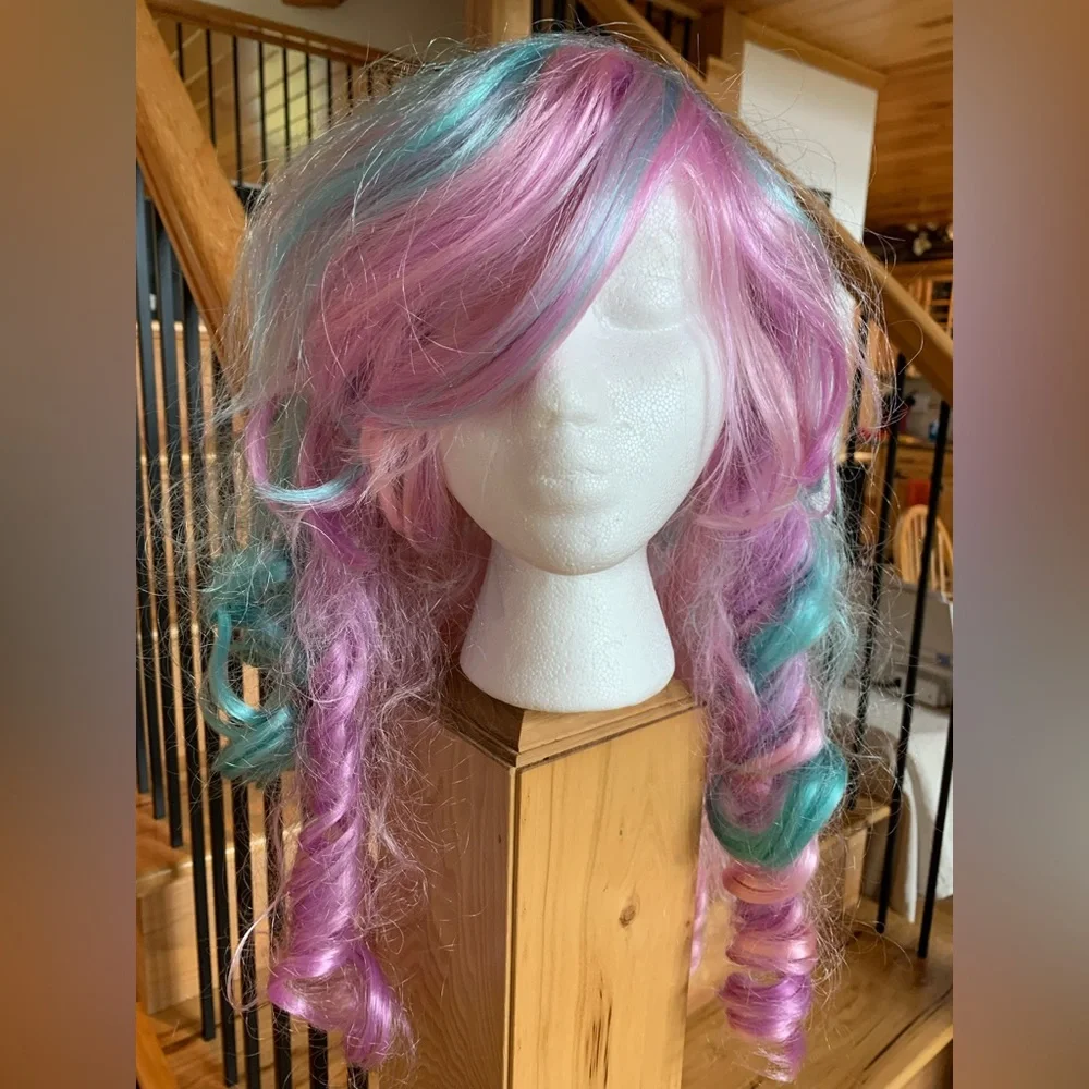 Spirit Halloween Fantasy Curl Pastel Pink Purple Blue Hair Wig Costume OS